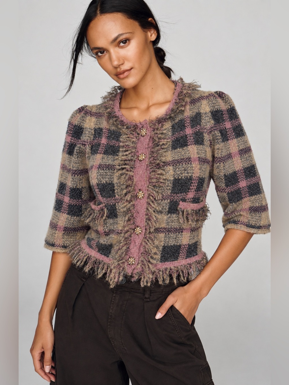 ZARA Multicolored Plaid Fringed Cardigan Jacket Size M